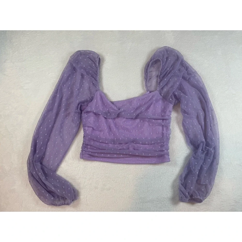 Lavender Mesh Crop Top Puff Long Sleeves Polka Dot Women's Fairycore Coquette Sm